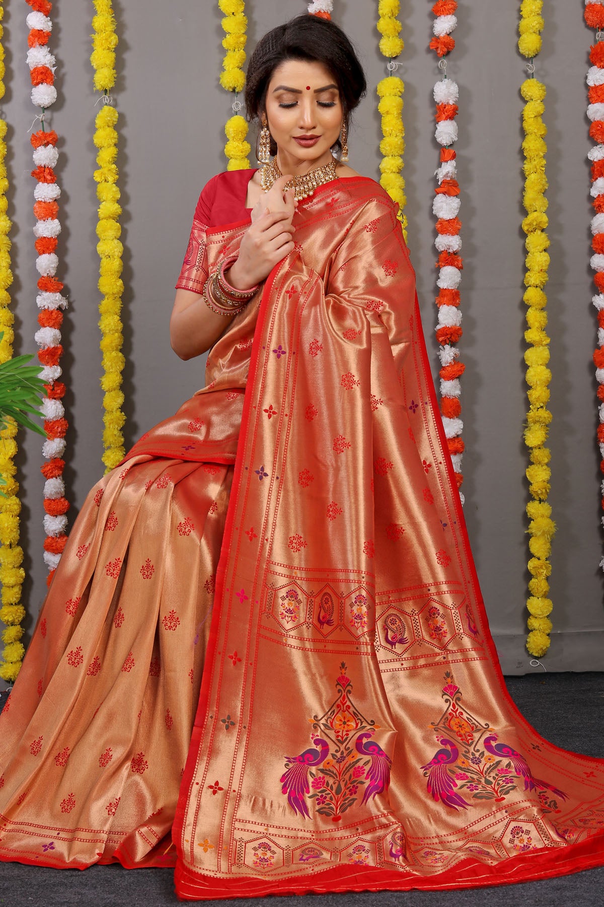 Carmine Pure Zari Jacquard Kanjivaram Silk Saree