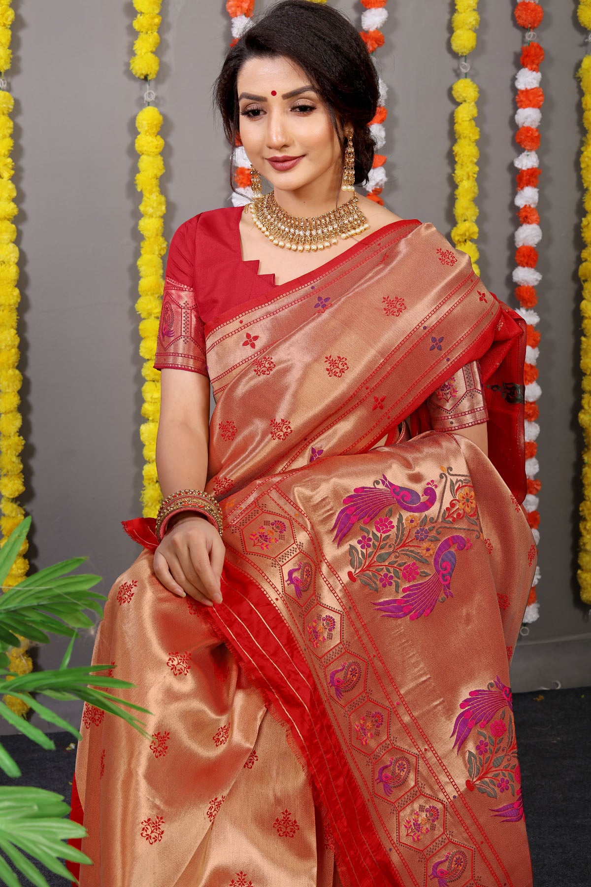 Carmine Pure Zari Jacquard Kanjivaram Silk Saree