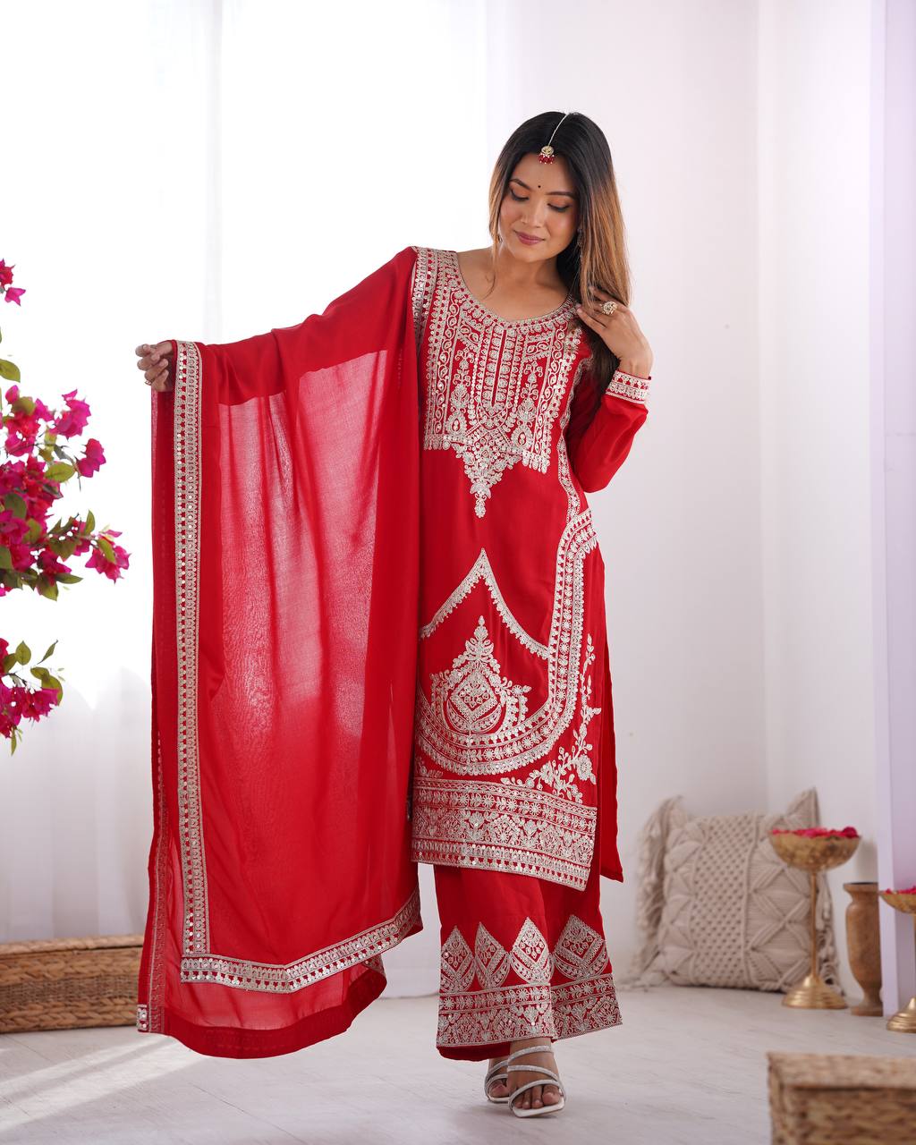 PURE VICHITRA SILK FABRIC STRAIGHT FIT KURTA AND PENTWITH DUPPTA SET