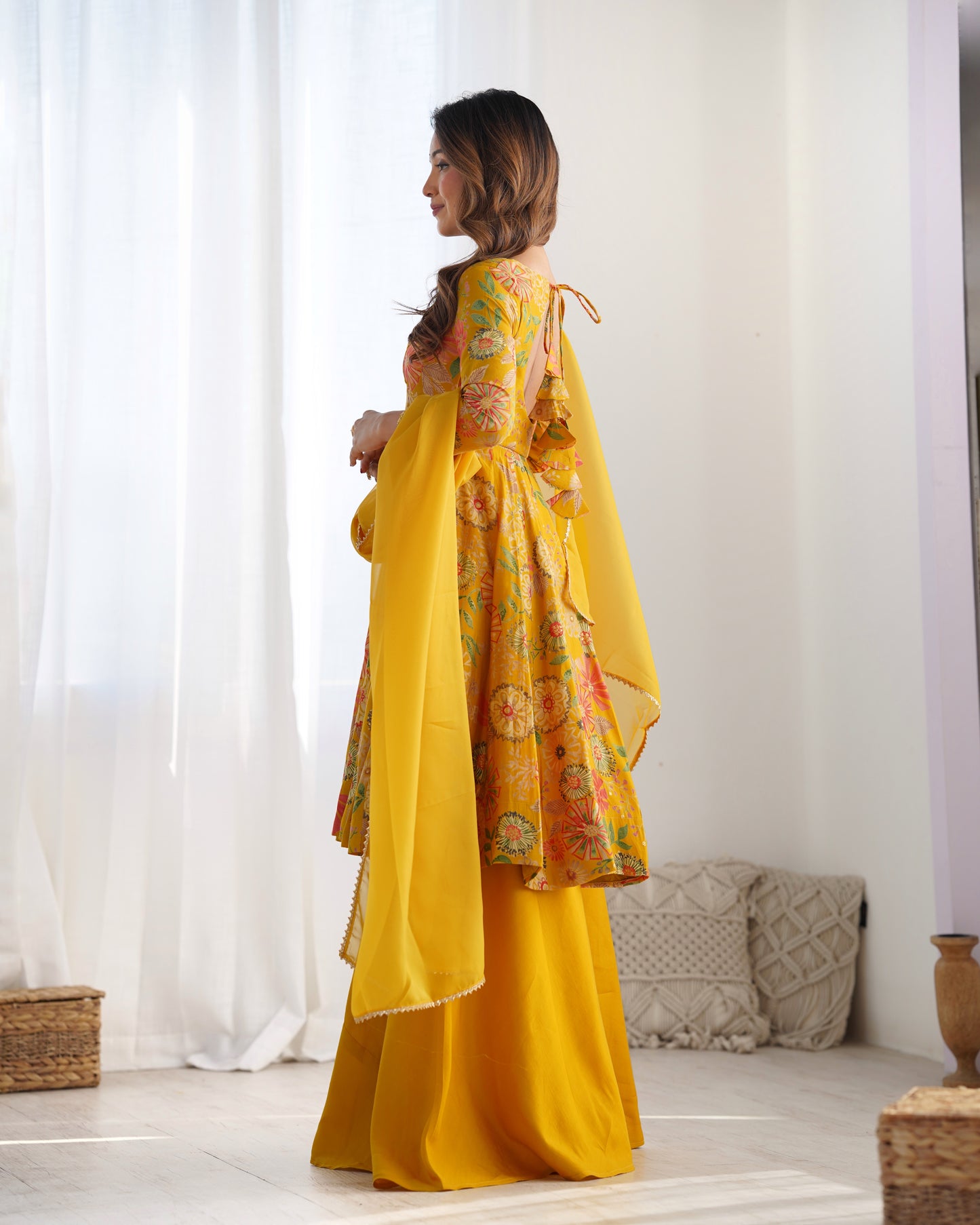 Wedding Special Pure Romansilk Chanderi Print Fabric Gown With Dupatta And Plazzo Set