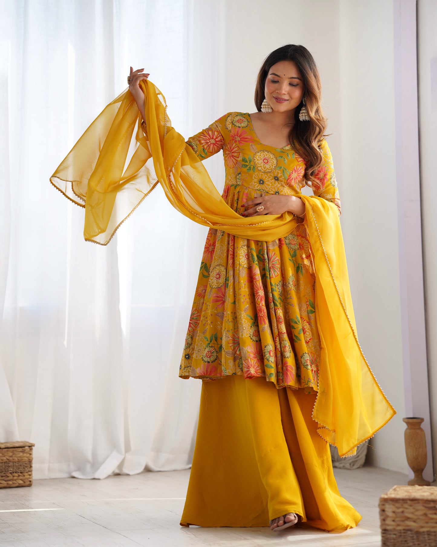 Wedding Special Pure Romansilk Chanderi Print Fabric Gown With Dupatta And Plazzo Set