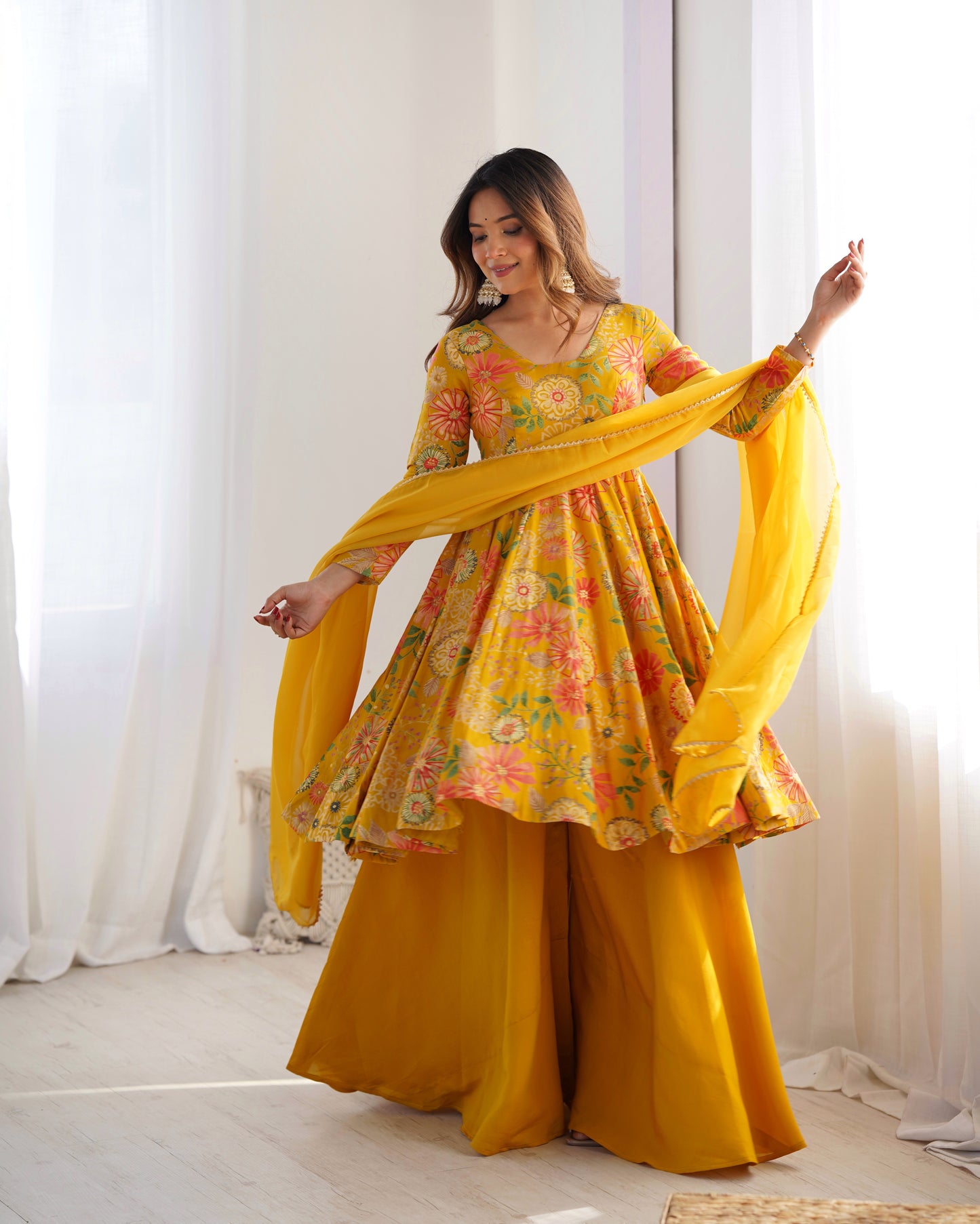 Wedding Special Pure Romansilk Chanderi Print Fabric Gown With Dupatta And Plazzo Set