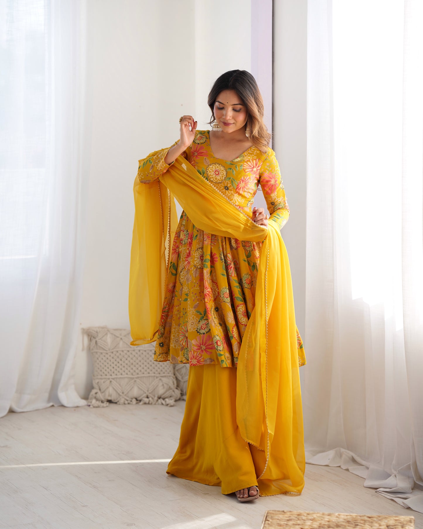 Wedding Special Pure Romansilk Chanderi Print Fabric Gown With Dupatta And Plazzo Set