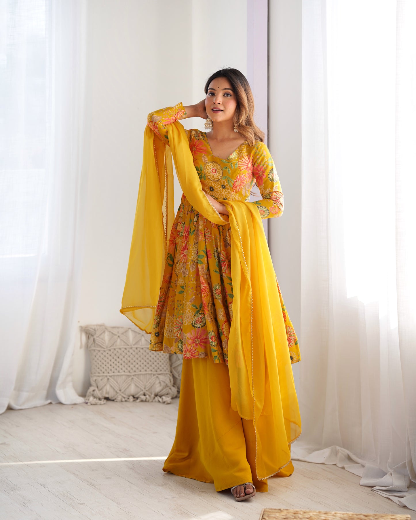 Wedding Special Pure Romansilk Chanderi Print Fabric Gown With Dupatta And Plazzo Set