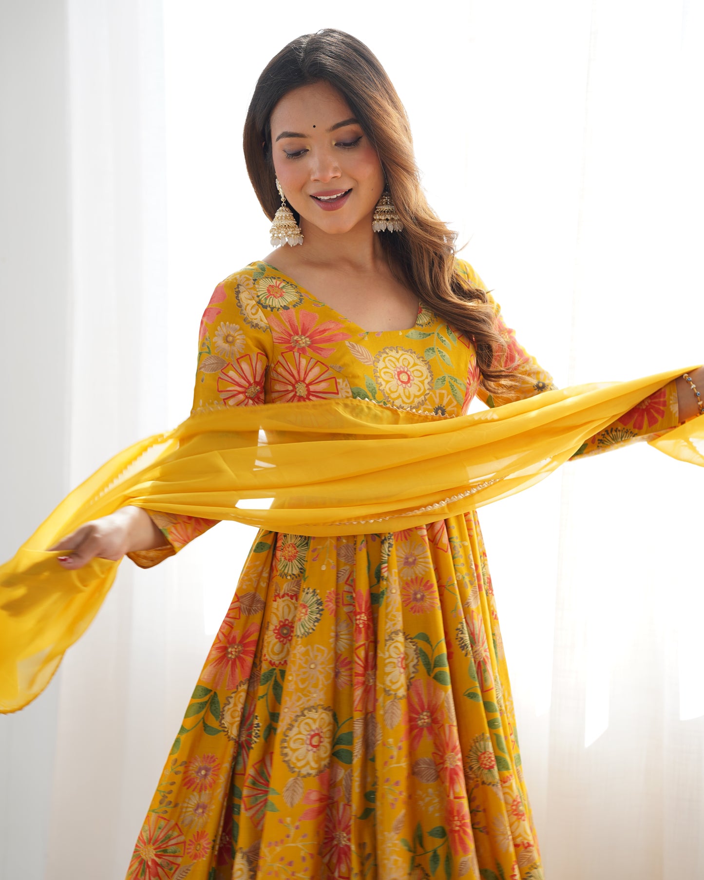 Wedding Special Pure Romansilk Chanderi Print Fabric Gown With Dupatta And Plazzo Set