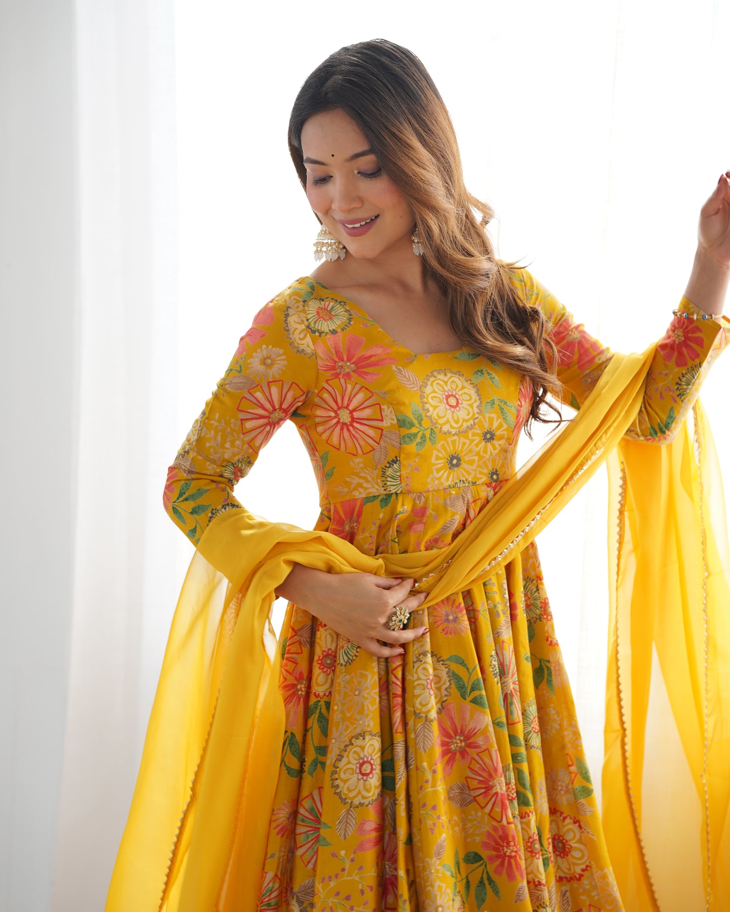 Wedding Special Pure Romansilk Chanderi Print Fabric Gown With Dupatta And Plazzo Set
