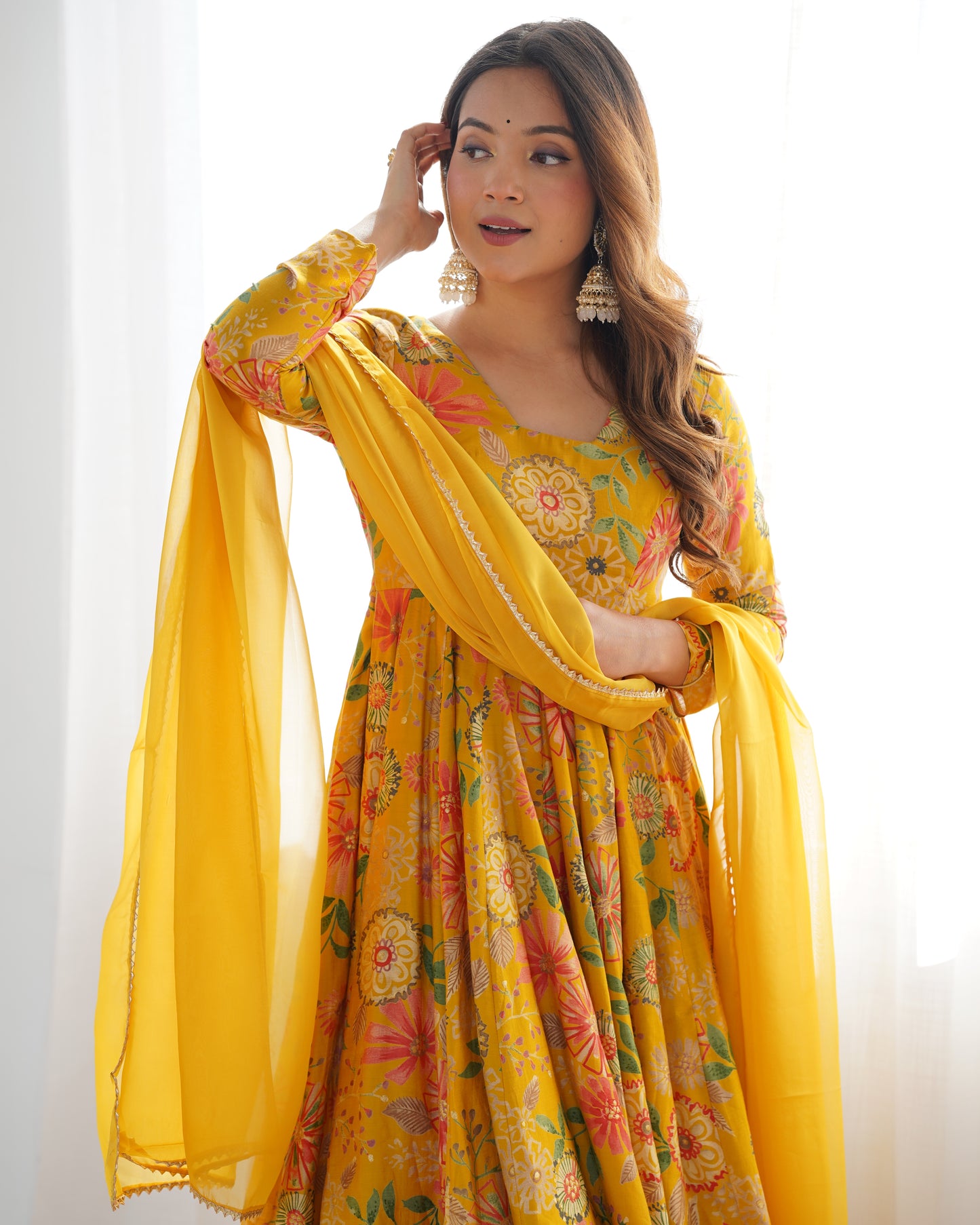 Wedding Special Pure Romansilk Chanderi Print Fabric Gown With Dupatta And Plazzo Set