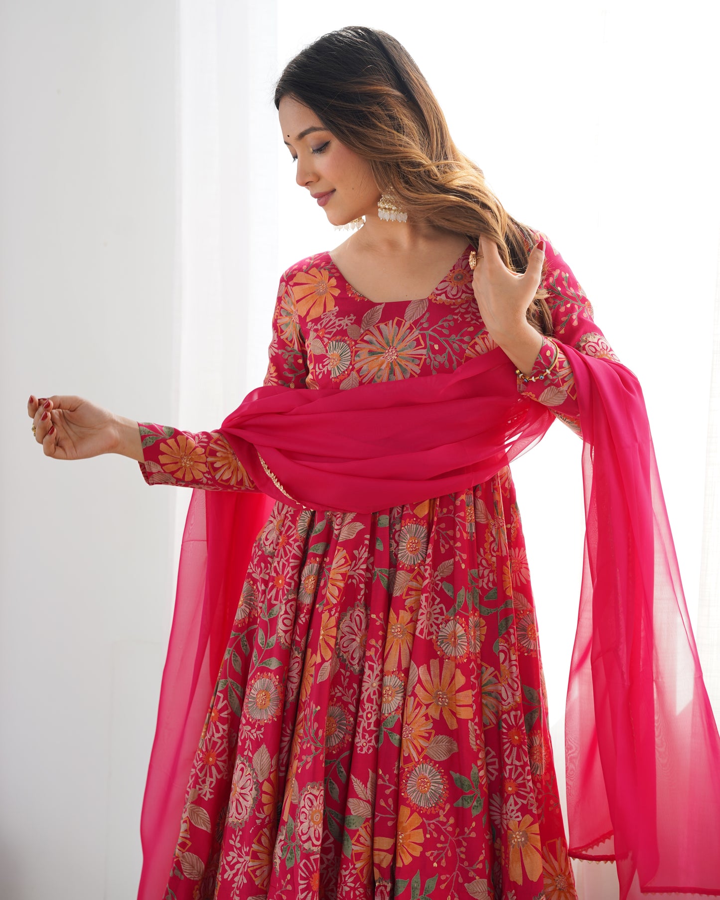 Wedding Special Pure Romansilk Chanderi Print Fabric Gown With Dupatta And Plazzo Set