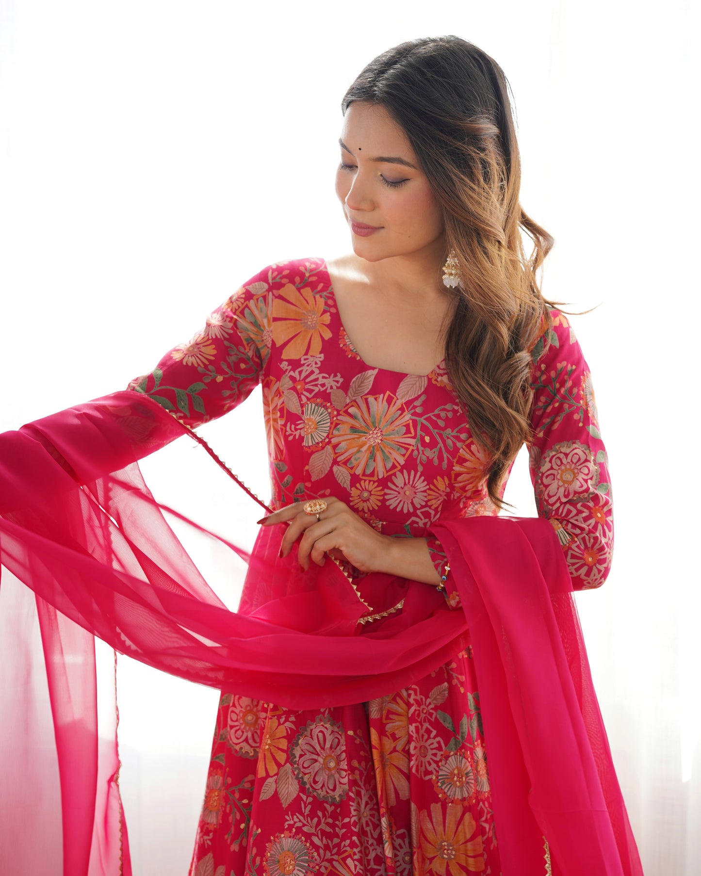 Wedding Special Pure Romansilk Chanderi Print Fabric Gown With Dupatta And Plazzo Set