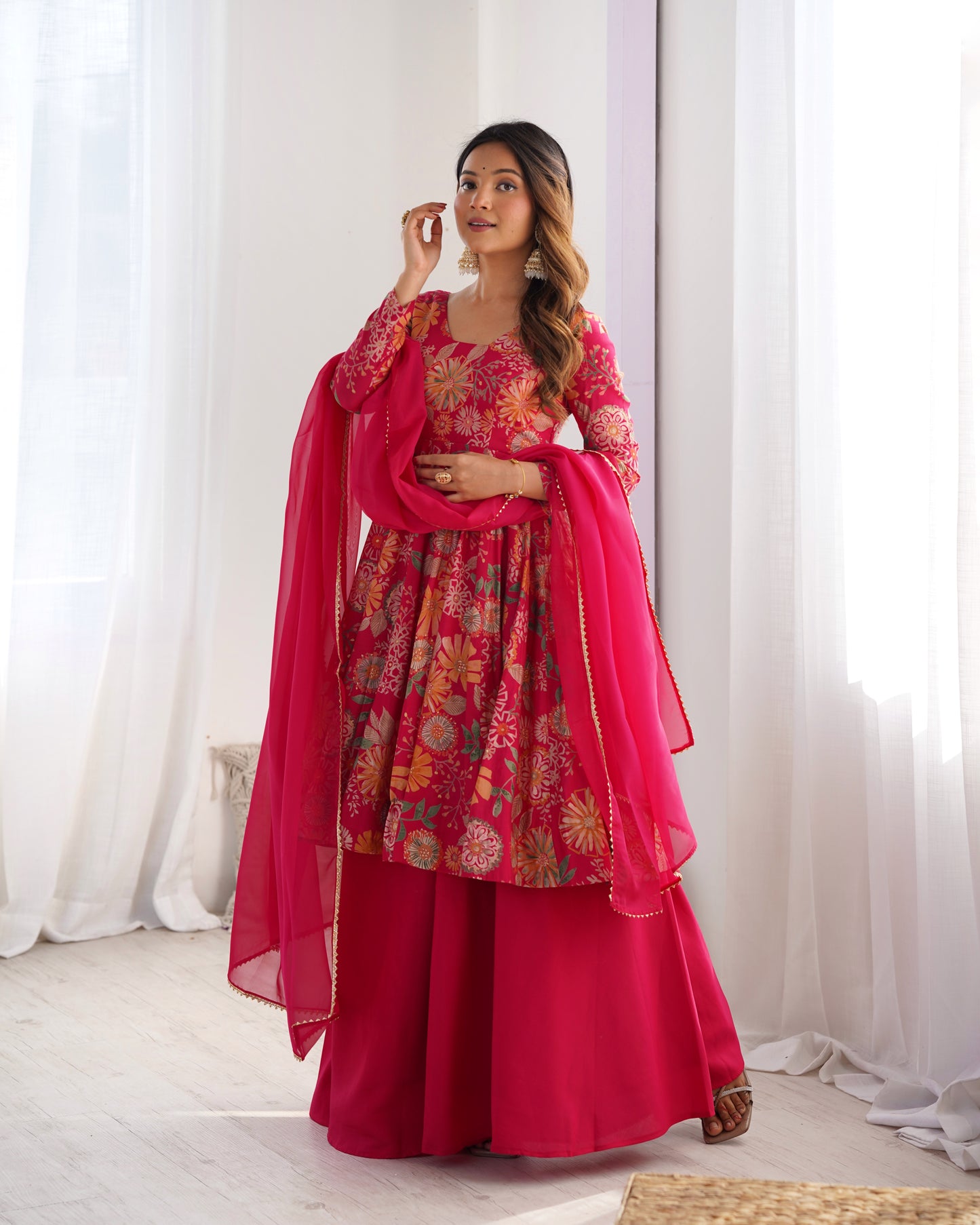 Wedding Special Pure Romansilk Chanderi Print Fabric Gown With Dupatta And Plazzo Set
