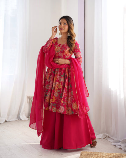 Wedding Special Pure Romansilk Chanderi Print Fabric Gown With Dupatta And Plazzo Set