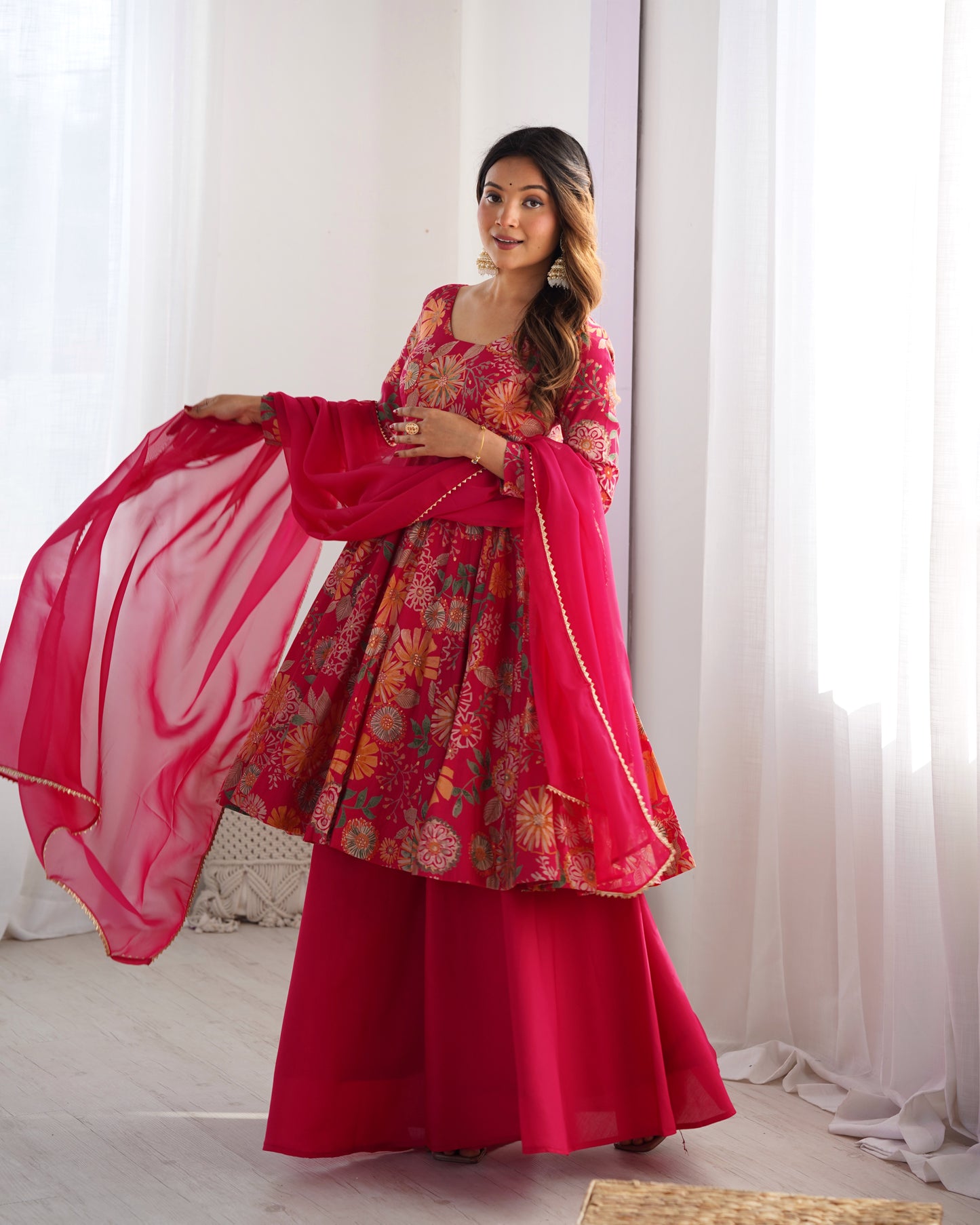 Wedding Special Pure Romansilk Chanderi Print Fabric Gown With Dupatta And Plazzo Set