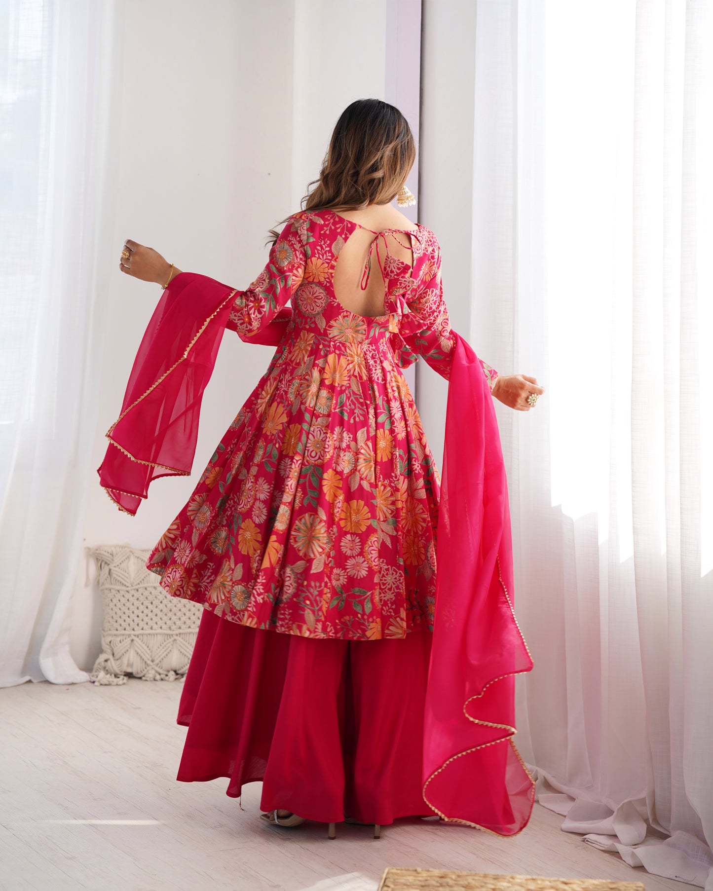 Wedding Special Pure Romansilk Chanderi Print Fabric Gown With Dupatta And Plazzo Set