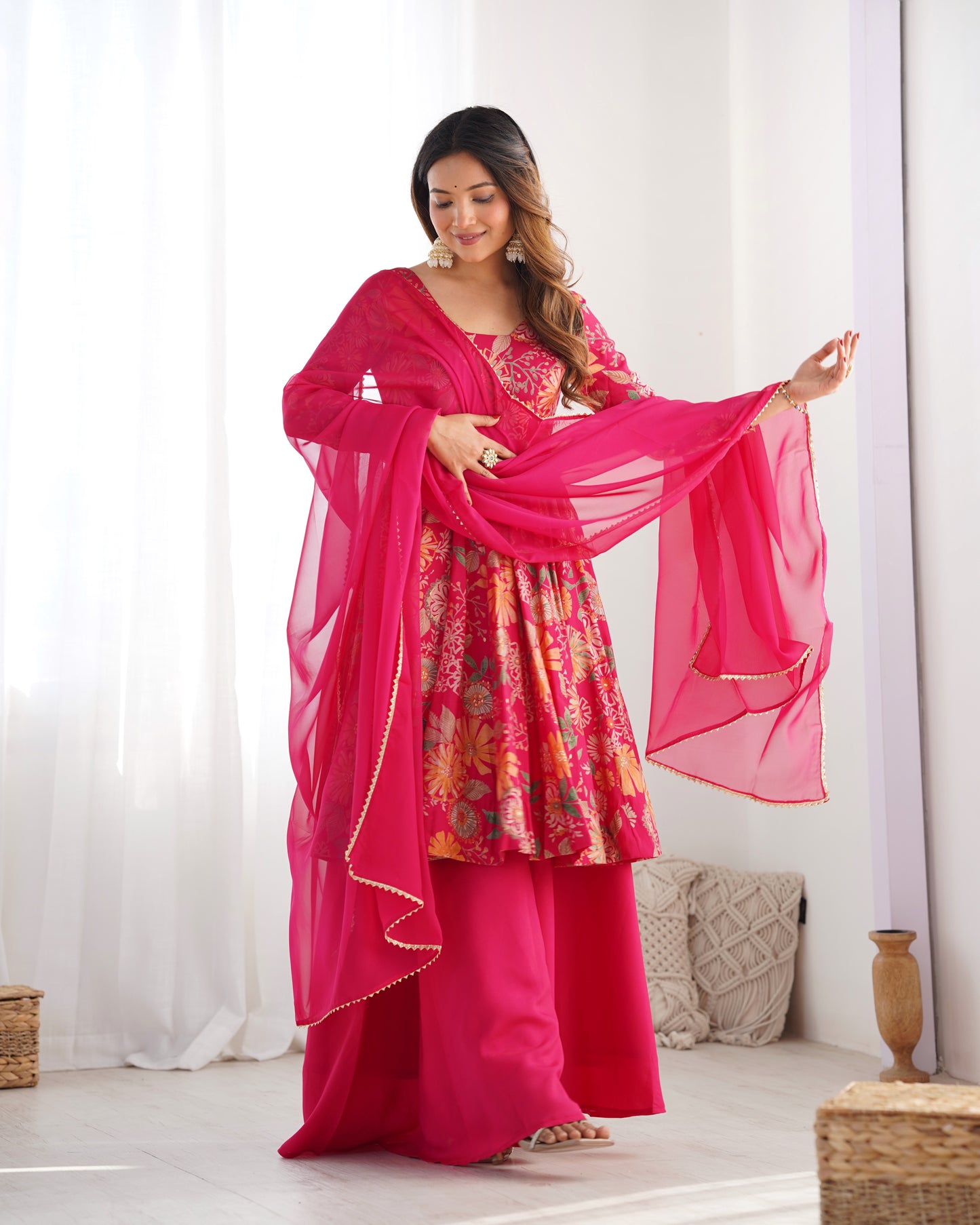 Wedding Special Pure Romansilk Chanderi Print Fabric Gown With Dupatta And Plazzo Set