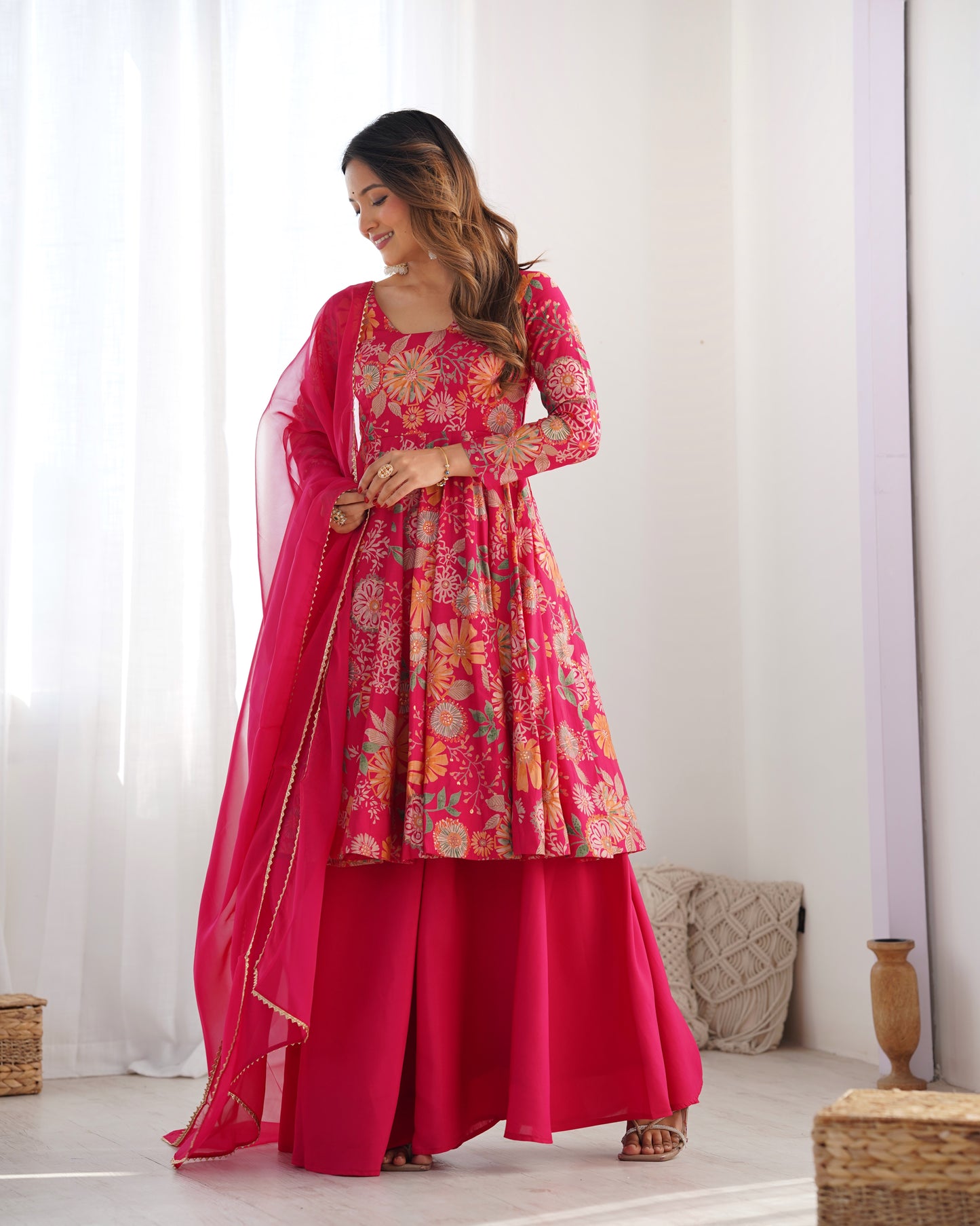 Wedding Special Pure Romansilk Chanderi Print Fabric Gown With Dupatta And Plazzo Set
