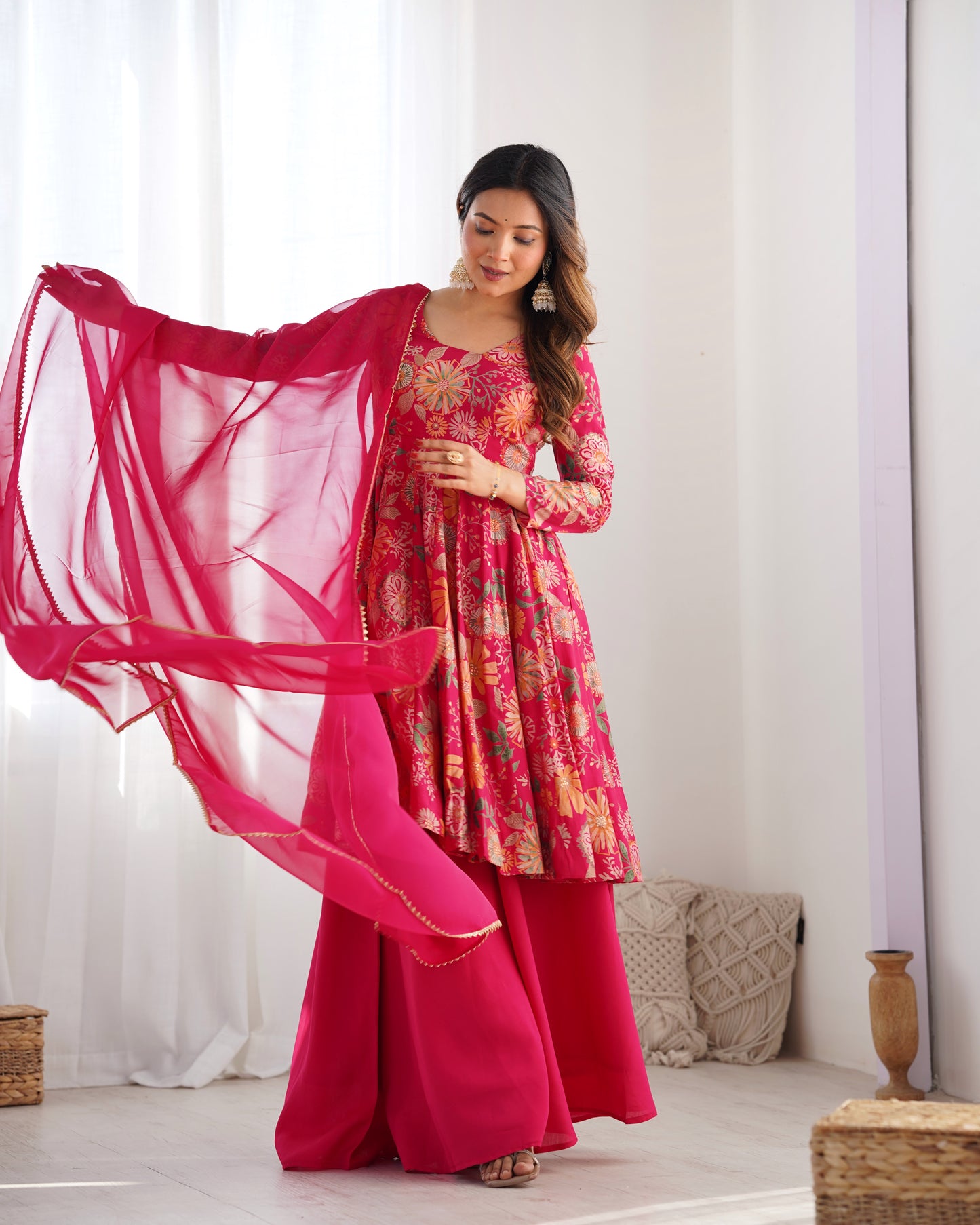 Wedding Special Pure Romansilk Chanderi Print Fabric Gown With Dupatta And Plazzo Set