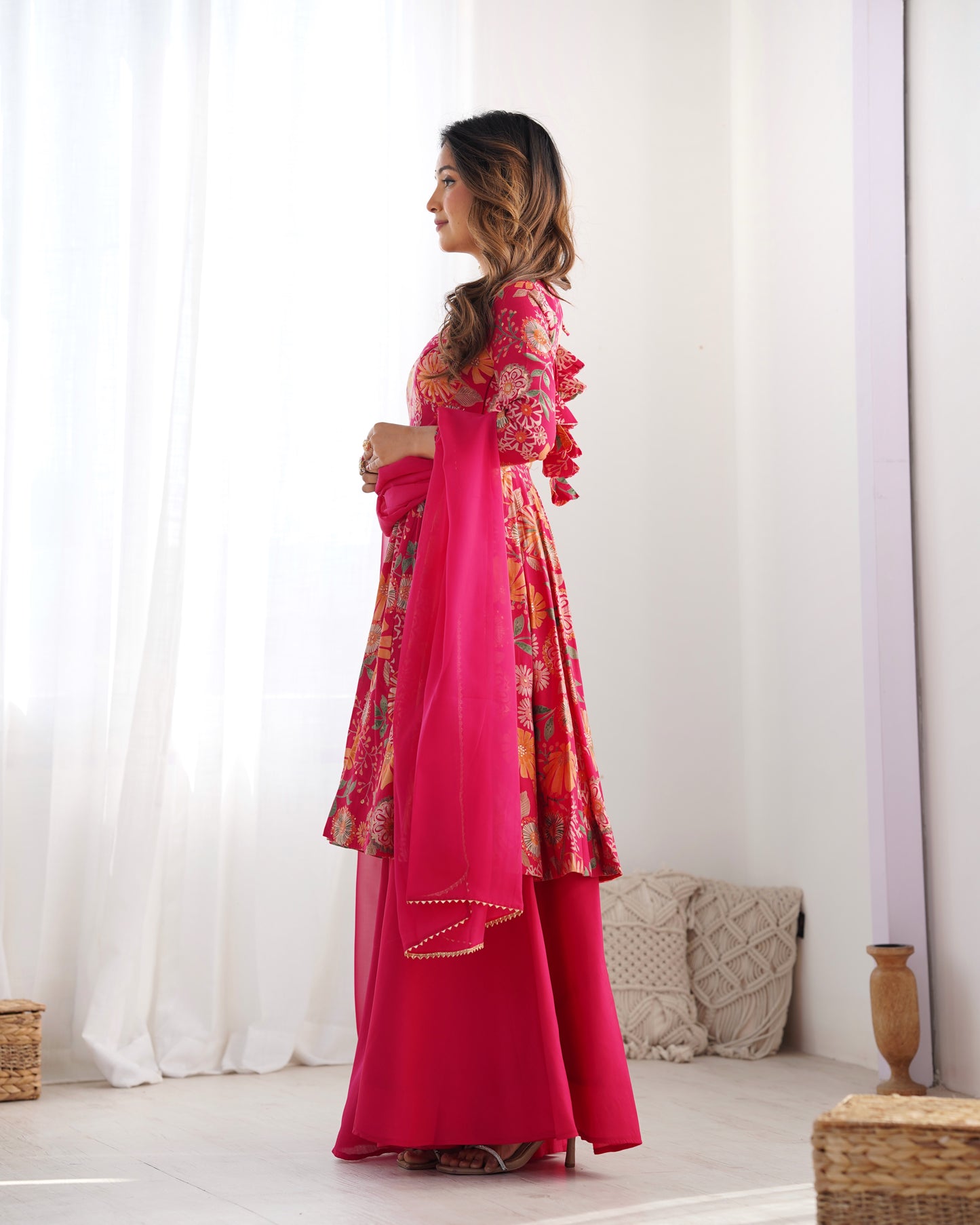 Wedding Special Pure Romansilk Chanderi Print Fabric Gown With Dupatta And Plazzo Set