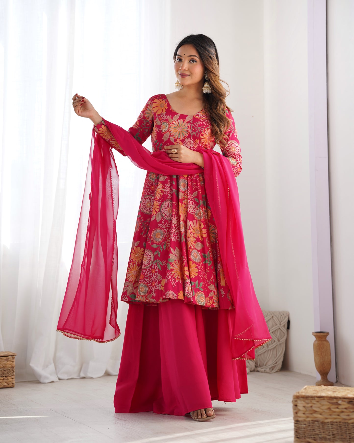 Wedding Special Pure Romansilk Chanderi Print Fabric Gown With Dupatta And Plazzo Set