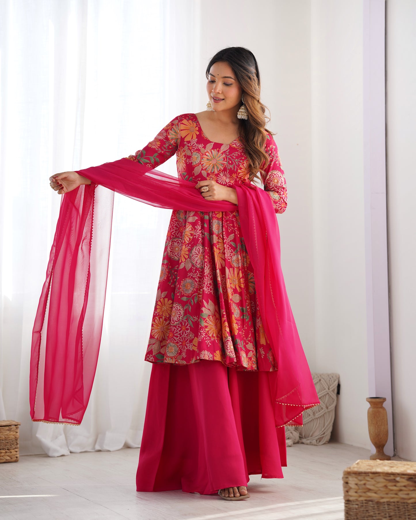 Wedding Special Pure Romansilk Chanderi Print Fabric Gown With Dupatta And Plazzo Set