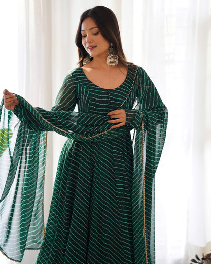 Fox Georgette Laheriya Print Fabric Fully Flair Anarkali Kurti Dupatta And Pent