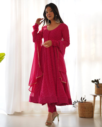 Fox Georgette Laheriya Print Fabric Fully Flair Anarkali Kurti Dupatta And Pent