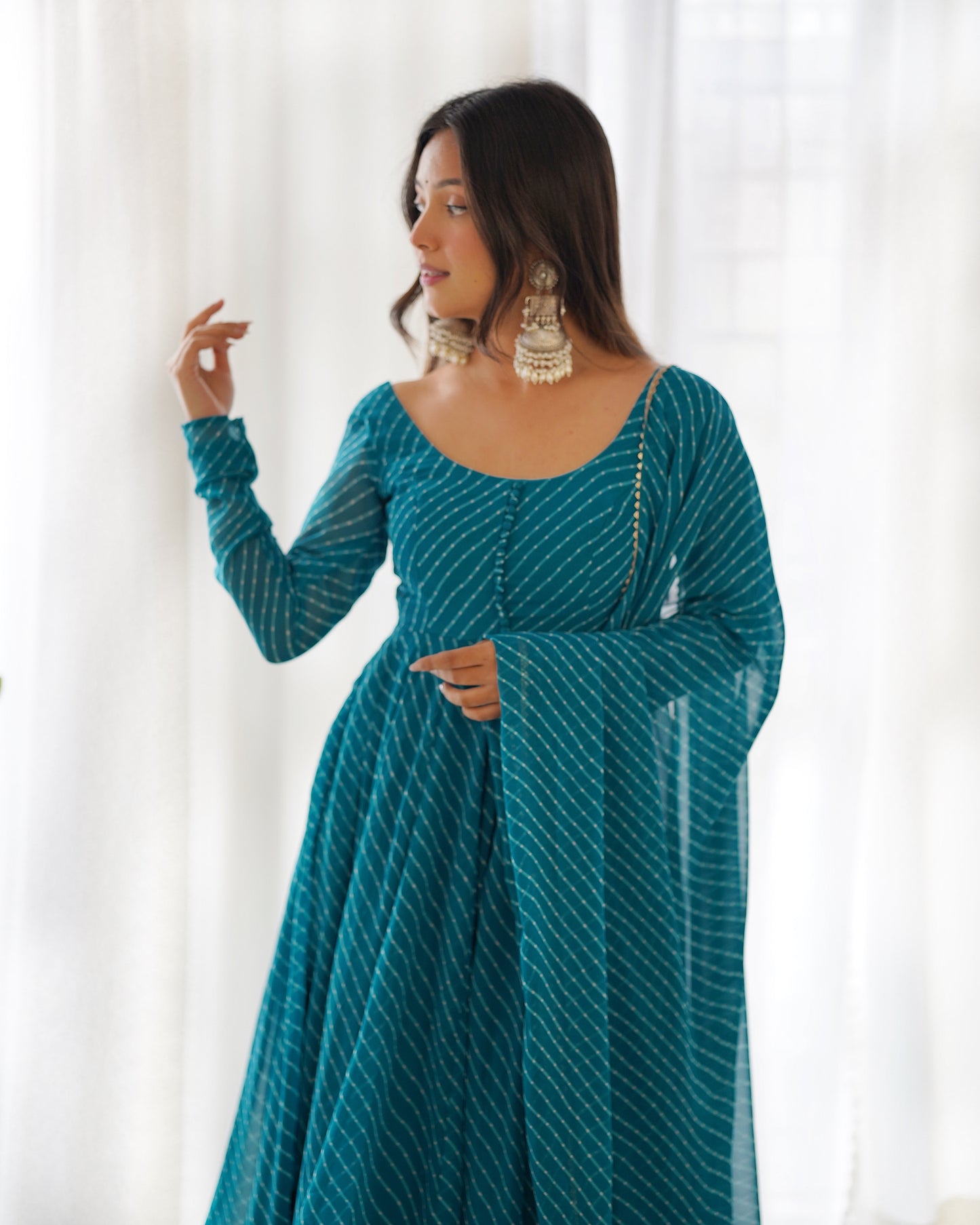 Fox Georgette Laheriya Print Fabric Fully Flair Anarkali Kurti Dupatta And Pent