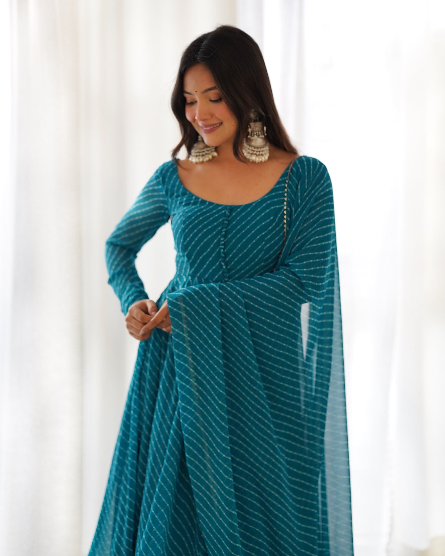 Fox Georgette Laheriya Print Fabric Fully Flair Anarkali Kurti Dupatta And Pent