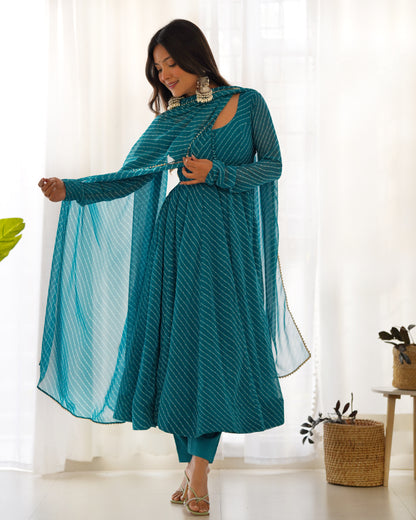 Fox Georgette Laheriya Print Fabric Fully Flair Anarkali Kurti Dupatta And Pent