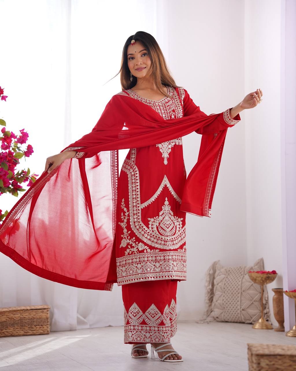 PURE VICHITRA SILK FABRIC STRAIGHT FIT KURTA AND PENTWITH DUPPTA SET