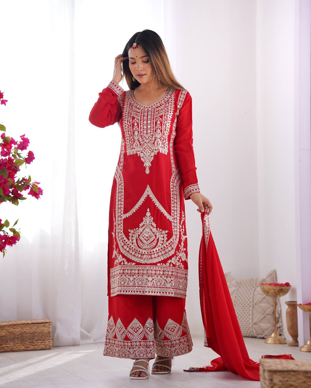 PURE VICHITRA SILK FABRIC STRAIGHT FIT KURTA AND PENTWITH DUPPTA SET